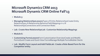 Microsoft Dynamics CRM 2013
Microsoft Dynamic CRM Online Fall’13
 Module 5:
 Managing RelationshipsLessonsTypes of Entity RelationshipsCreate Entity
Relationships1:N Relationship BehaviorField Mappings in 1:N
RelationshipsConnections and Connection Roles
 Lab : Create New RelationshipsLab : Customize Relationship Mappings
 Module 6:
 Customizing FormsLessonsForm Customization OverviewCreate and Modify
FormsQuick Create and QuickView FormsManage Multiple FormsMobile Clients
 Lab : Modify Form Layout and Add FieldsLab : Create a Role-Based Form for the
Competitor entity.
 