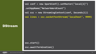 51Spark Streaming from Zinoviev Alexey
DStream
val conf = new SparkConf().setMaster("local[2]")
.setAppName("NetworkWordCount")
val ssc = new StreamingContext(conf, Seconds(1))
val lines = ssc.socketTextStream("localhost", 9999)
val words = lines.flatMap(_.split(" "))
val pairs = words.map(word => (word, 1))
val wordCounts = pairs.reduceByKey(_ + _)
wordCounts.print()
ssc.start()
ssc.awaitTermination()
 