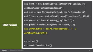 53Spark Streaming from Zinoviev Alexey
DStream
val conf = new SparkConf().setMaster("local[2]")
.setAppName("NetworkWordCount")
val ssc = new StreamingContext(conf, Seconds(1))
val lines = ssc.socketTextStream("localhost", 9999)
val words = lines.flatMap(_.split(" "))
val pairs = words.map(word => (word, 1))
val wordCounts = pairs.reduceByKey(_ + _)
wordCounts.print()
ssc.start()
ssc.awaitTermination()
 