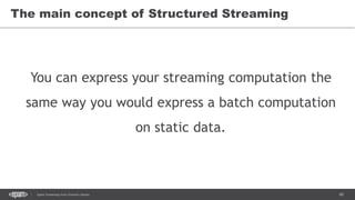 60Spark Streaming from Zinoviev Alexey
The main concept of Structured Streaming
You can express your streaming computation the
same way you would express a batch computation
on static data.
 