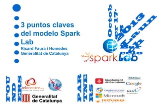 na

PAR
TNE
RS

FOU
ND
ERS

Ricard Faura i Homedes
Generalitat de Catalunya

Octob
er 1718

3 puntos claves
del modelo Spark
Lab

3 n
1
u
0
2 a
L h
Bar
c
celo

 