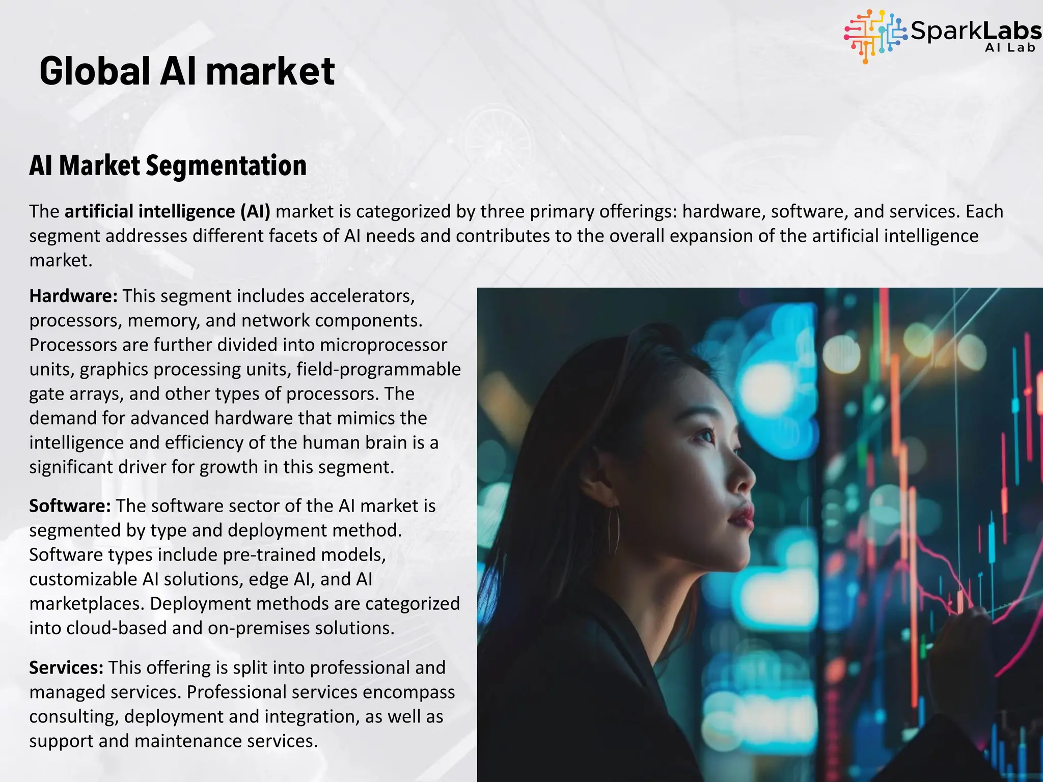 Global AI market
The artificial intelligence (AI) market is categorized by three primary offerings: hardware, software, and services. Each
segment addresses different facets of AI needs and contributes to the overall expansion of the artificial intelligence
market.
AI Market Segmentation
Hardware: This segment includes accelerators,
processors, memory, and network components.
Processors are further divided into microprocessor
units, graphics processing units, field-programmable
gate arrays, and other types of processors. The
demand for advanced hardware that mimics the
intelligence and efficiency of the human brain is a
significant driver for growth in this segment.
Software: The software sector of the AI market is
segmented by type and deployment method.
Software types include pre-trained models,
customizable AI solutions, edge AI, and AI
marketplaces. Deployment methods are categorized
into cloud-based and on-premises solutions.
Services: This offering is split into professional and
managed services. Professional services encompass
consulting, deployment and integration, as well as
support and maintenance services.
 