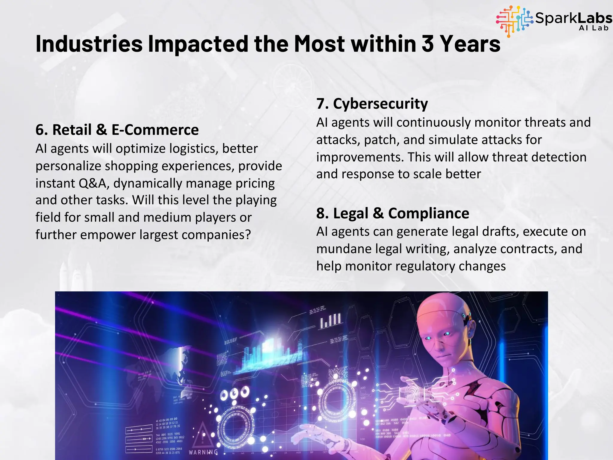 Industries Impacted the Most within 3 Years
6. Retail & E-Commerce
AI agents will optimize logistics, better
personalize shopping experiences, provide
instant Q&A, dynamically manage pricing
and other tasks. Will this level the playing
field for small and medium players or
further empower largest companies?
7. Cybersecurity
AI agents will continuously monitor threats and
attacks, patch, and simulate attacks for
improvements. This will allow threat detection
and response to scale better
8. Legal & Compliance
AI agents can generate legal drafts, execute on
mundane legal writing, analyze contracts, and
help monitor regulatory changes
 