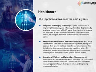 Healthcare
The top three areas over the next 2 years:
Diagnostic and Imaging Technology: AI plays a crucial role in
improving the accuracy and efficiency of medical diagnostics. By
analyzing images from MRIs, CT scans, X-rays, and other imaging
technologies, AI algorithms can help detect diseases such as
cancer, neurological disorders, and cardiovascular conditions
earlier
Personalized Medicine and Treatment Optimization: AI is being
used to tailor treatment plans to individual patients, taking into
account their genetic makeup, lifestyle, and other factors. This
includes the development of precision medicine, where AI
algorithms analyze vast datasets to identify which treatments
are likely to be most effective for specific patient profiles.
Operational Efficiency and Patient Care Management: AI
investments are also targeted towards improving the operational
aspects of healthcare provision. This includes the use of AI for
managing patient flow, reducing wait times, and improving
resource allocation.
 