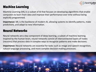 Machine Learning
Machine Learning (ML) is a subset of AI that focuses on developing algorithms that enable
computers to learn from data and improve their performance over time without being
explicitly programmed.
Importance: ML is the backbone of modern AI, allowing systems to identify patterns, make
predictions, and adapt to new information.
Neural Networks
Neural networks are a key component of deep learning, a subset of machine learning.
Inspired by the human brain, neural networks consist of interconnected layers of nodes
(neurons) that process data in complex ways to recognize patterns and make decisions.
Importance: Neural networks are essential for tasks such as image and speech recognition,
natural language processing, and more complex decision-making processes.
 
