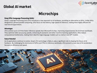 Groq LPUs (Language Processing Units)
Groq’s Language Processing Unit (LPU) introduces a new approach to AI hardware, providing an alternative to GPUs. Unlike GPUs
designed for general parallel computing, LPUs focus on low-latency, high-speed AI inference, making them highly efficient for
real-time AI applications.
Advantages
LPUs achieve up to 13 times faster inference speeds than Microsoft AI chips, improving responsiveness for AI-driven workloads.
They optimize token processing speeds, enhancing AI assistants and other machine learning applications. LPUs reduce
computational bottlenecks, making them ideal for large language models such as Llama 2 and GPT models.
Future Potential
As AI applications continue to evolve, Groq’s LPU technology is likely to play a significant role in shaping the future of AI
hardware. By challenging the dominance of GPUs and TPUs in inference workloads, LPUs present a new class of AI accelerators
focused on efficiency and speed.
Global AI market
Microchips
 