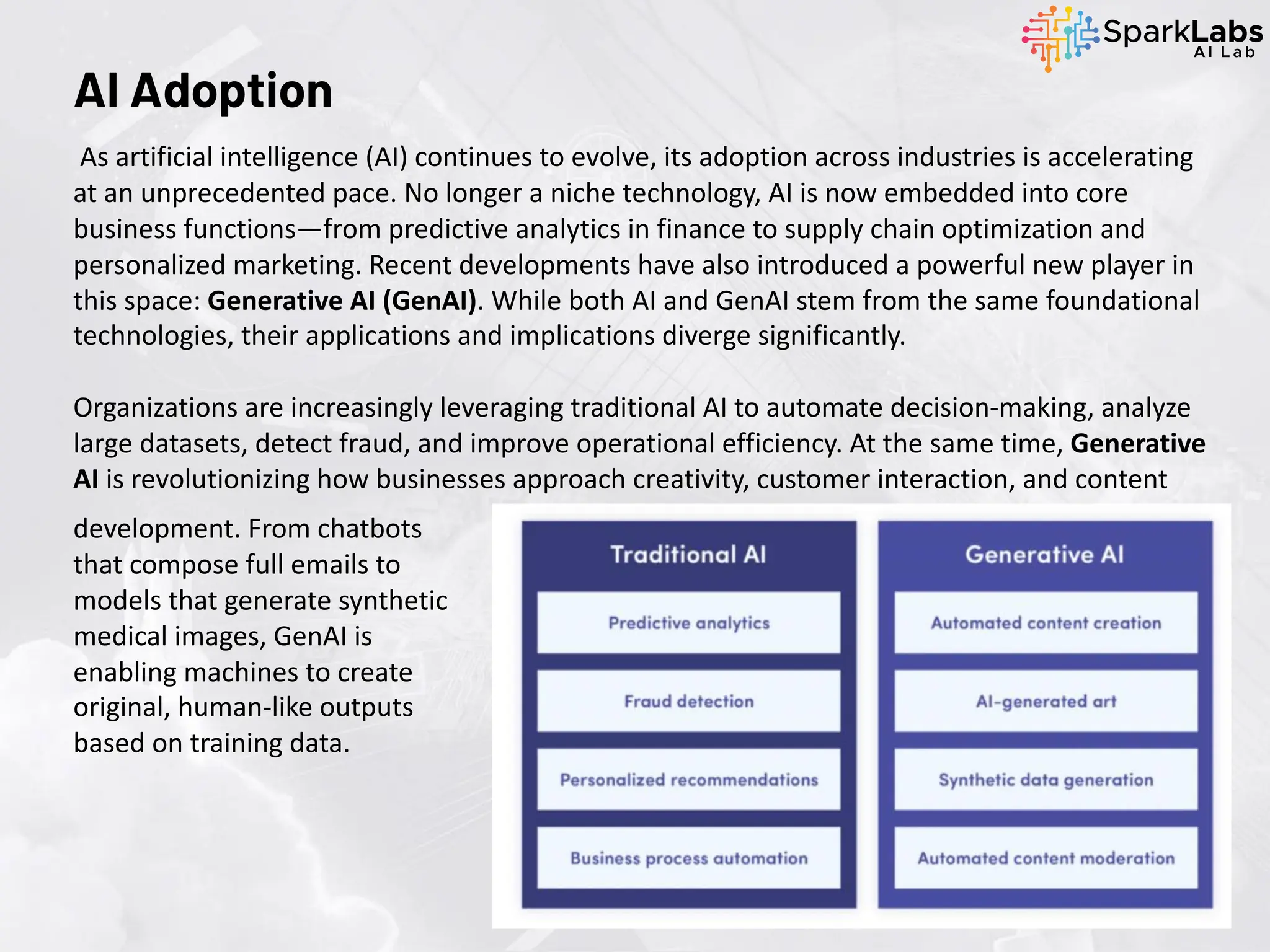 As artificial intelligence (AI) continues to evolve, its adoption across industries is accelerating
at an unprecedented pace. No longer a niche technology, AI is now embedded into core
business functions—from predictive analytics in finance to supply chain optimization and
personalized marketing. Recent developments have also introduced a powerful new player in
this space: Generative AI (GenAI). While both AI and GenAI stem from the same foundational
technologies, their applications and implications diverge significantly.
Organizations are increasingly leveraging traditional AI to automate decision-making, analyze
large datasets, detect fraud, and improve operational efficiency. At the same time, Generative
AI is revolutionizing how businesses approach creativity, customer interaction, and content
development. From chatbots
that compose full emails to
models that generate synthetic
medical images, GenAI is
enabling machines to create
original, human-like outputs
based on training data.
AI Adoption
 