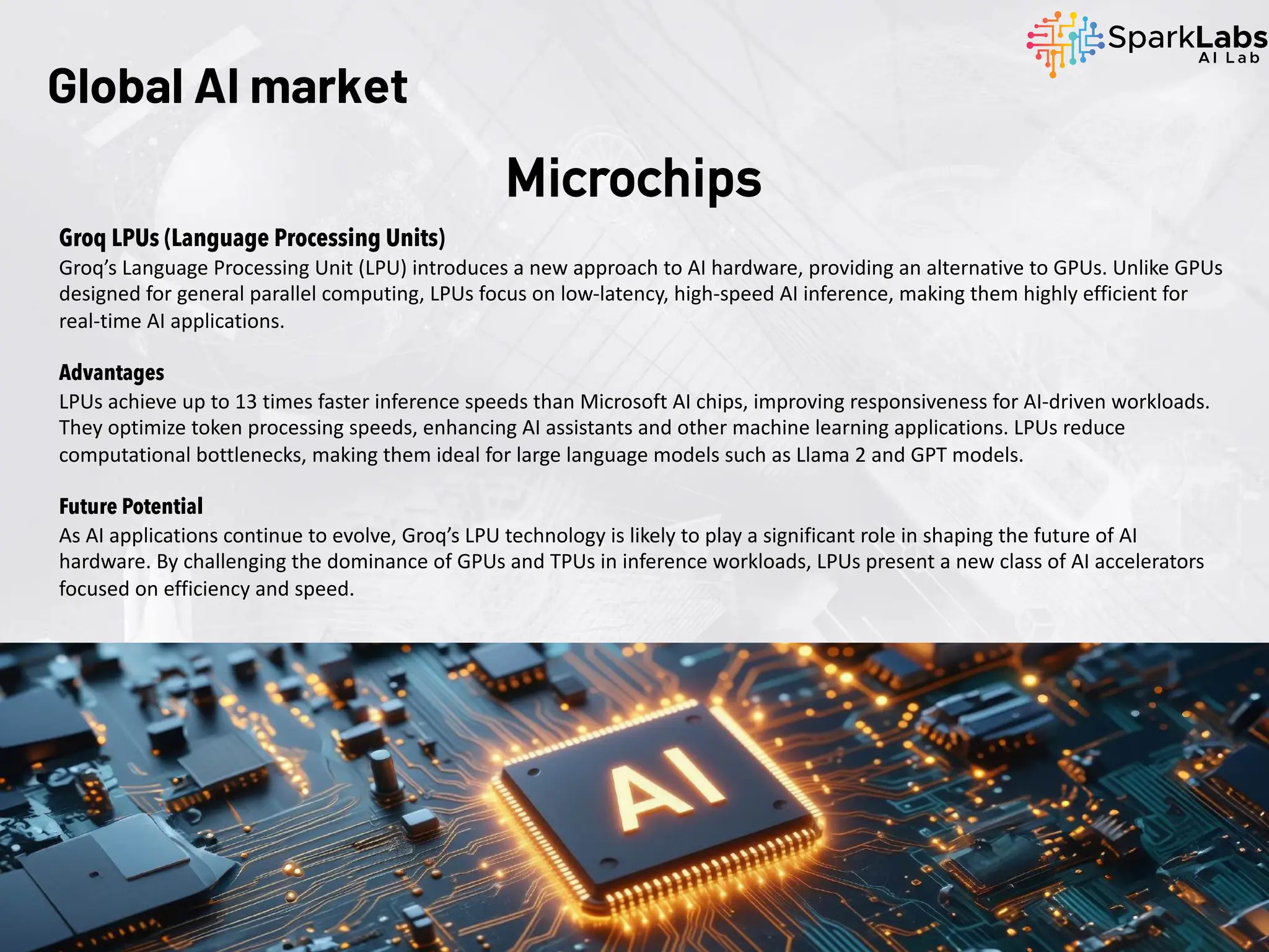 Groq LPUs (Language Processing Units)
Groq’s Language Processing Unit (LPU) introduces a new approach to AI hardware, providing an alternative to GPUs. Unlike GPUs
designed for general parallel computing, LPUs focus on low-latency, high-speed AI inference, making them highly efficient for
real-time AI applications.
Advantages
LPUs achieve up to 13 times faster inference speeds than Microsoft AI chips, improving responsiveness for AI-driven workloads.
They optimize token processing speeds, enhancing AI assistants and other machine learning applications. LPUs reduce
computational bottlenecks, making them ideal for large language models such as Llama 2 and GPT models.
Future Potential
As AI applications continue to evolve, Groq’s LPU technology is likely to play a significant role in shaping the future of AI
hardware. By challenging the dominance of GPUs and TPUs in inference workloads, LPUs present a new class of AI accelerators
focused on efficiency and speed.
Global AI market
Microchips
 