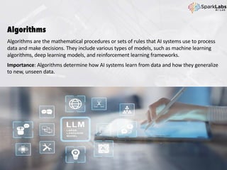 Algorithms
Algorithms are the mathematical procedures or sets of rules that AI systems use to process
data and make decisions. They include various types of models, such as machine learning
algorithms, deep learning models, and reinforcement learning frameworks.
Importance: Algorithms determine how AI systems learn from data and how they generalize
to new, unseen data.
 