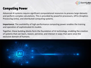 Computing Power
Advanced AI systems require significant computational resources to process large datasets
and perform complex calculations. This is provided by powerful processors, GPUs (Graphics
Processing Units), and distributed computing systems.
Importance: The availability of high-performance computing power enables the training
and operation of sophisticated AI models.
Together, these building blocks form the foundation of AI technology, enabling the creation
of systems that can learn, reason, perceive, and interact in ways that were once the
exclusive domain of humans.
 