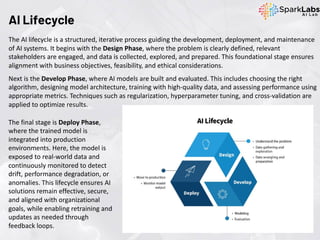 AI Lifecycle
The AI lifecycle is a structured, iterative process guiding the development, deployment, and maintenance
of AI systems. It begins with the Design Phase, where the problem is clearly defined, relevant
stakeholders are engaged, and data is collected, explored, and prepared. This foundational stage ensures
alignment with business objectives, feasibility, and ethical considerations.
Next is the Develop Phase, where AI models are built and evaluated. This includes choosing the right
algorithm, designing model architecture, training with high-quality data, and assessing performance using
appropriate metrics. Techniques such as regularization, hyperparameter tuning, and cross-validation are
applied to optimize results.
The final stage is Deploy Phase,
where the trained model is
integrated into production
environments. Here, the model is
exposed to real-world data and
continuously monitored to detect
drift, performance degradation, or
anomalies. This lifecycle ensures AI
solutions remain effective, secure,
and aligned with organizational
goals, while enabling retraining and
updates as needed through
feedback loops.
 