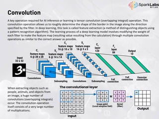 When extracting objects such as
people, animals, and objects from
an image, a huge number of
convolutions (overlapping integrals)
occur. The convolution operation
itself consists of a very large number
of multiplications.
Convolution
A key operation required for Al inference or learning is tensor convolution (overlapping integral) operation. This
convolution operation allows us to roughly determine the shape of the border in the image along the direction
specified by the filter. In deep learning, this task is called feature extraction (a method of distinguishing objects using
a pattern recognition algorithm). The learning process of a deep learning model involves modifying the weight of
each filter to make the feature map (resulting value resulting from the calculation) through multiple convolution
operations as similar to the correct answer as possible.
 