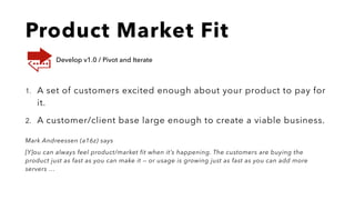 Product Market Fit
1. A set of customers excited enough about your product to pay for
it.
2. A customer/client base large enough to create a viable business.
Mark Andreessen (a16z) says
[Y]ou can always feel product/market fit when it’s happening. The customers are buying the
product just as fast as you can make it — or usage is growing just as fast as you can add more
servers …
Develop v1.0 / Pivot and Iterate
 