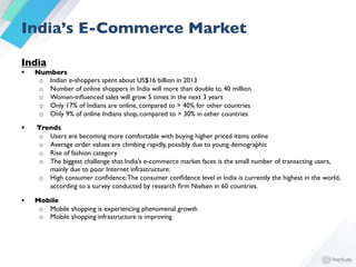 §  Recent activities in e-commerce market 	

o  Snapdeal conﬁrmed its biggest ever funding round, worth US$133.77 million...
