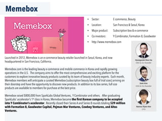 Memebox
Launched in 2012, Memebox is an e-commerce beauty retailer launched in Seoul, Korea, and now
headquartered in San Francisco, California.
Memebox.com is the leading beauty e-commerce and mobile commerce in Korea and rapidly growing
operations in the U.S. The company aims to offer the most comprehensive and exciting platform for the
customers to explore innovative beauty products curated by its team of beauty industry experts. Each month,
Memebox members will anticipate a curated Memebox (subscription beauty box full of trial sizes) arriving on
their doorstep and have the opportunity to discover new products. In addition to its box series, full size
products are available to members for purchase at the best price.
Memebox raised $800,000 from SparkLabs Global Ventures, Y Combinator and others. After graduating
SparkLabs’ accelerator’s 1st class in Korea, Memebox became the first Korean company to be accepted
into Y Combinator’s accelerator. Recently closed their Series A and Series B rounds totaling $29 million
with Formation 8, Goodwater Capital, Pejman Mar Ventures, Cowboy Ventures, and Altos
Ventures.
•  Sector: E-commerce, Beauty
•  Location: San Francisco & Seoul, Korea
•  Major product: Subscription box & e-commerce
•  Co-investors: Y Combinator, Formation 8, Goodwater
•  http://www.memebox.com
 
