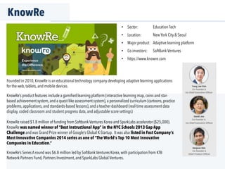 KnowRe
Founded in 2010, KnowRe is an educational technology company developing adaptive learning applications
for the web, tablets, and mobile devices.
KnowRe’s product features include a gamiﬁed learning platform (interactive learning map, coins-and star-
based achievement system, and a quest-like assessment system), a personalized curriculum (cartoons, practice
problems, applications, and standards-based lessons), and a teacher dashboard (real-time assessment data
display, coded classroom and student progress data, and adjustable score settings)
KnowRe raised $1.8 million of funding from Softbank Ventures Korea and SparkLabs accelerator ($25,000).
KnowRe was named winner of “Best Instructional App” in the NYC Schools 2013 Gap App
Challenge and was Grand Prize winner of Google’s Global K-Startup. It was also listed in Fast Company's
Most Innovative Companies 2014 series as one of "The World's Top 10 Most Innovative
Companies in Education.”
KnowRe’s Series A round was $6.8 million led by SoftBank Ventures Korea, with participation from KTB
Network Partners Fund, Partners Investment, and SparkLabs Global Ventures.
•  Sector: Education Tech
•  Location: New York City & Seoul
•  Major product: Adaptive learning platform
•  Co-investors: SoftBank Ventures
•  https://www.knowre.com
 