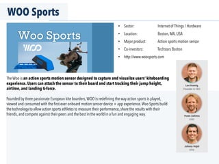 WOO Sports
The Woo is an action sports motion sensor designed to capture and visualize users’ kiteboarding
experience. Users can attach the sensor to their board and start tracking their jump height,
airtime, and landing G-force.
Founded by three passionate European kite boarders,WOO is redeﬁning the way action sports is played,
viewed and consumed with the ﬁrst-ever onboard motion sensor device + app experience.Woo Sports build
the technology to allow action sports athletes to measure their performance, share the results with their
friends, and compete against their peers and the best in the world in a fun and engaging way.
•  Sector: Internet of Things / Hardware
•  Location: Boston, MA, USA
•  Major product: Action sports motion sensor
•  Co-investors: Techstars Boston
•  http://www.woosports.com
 