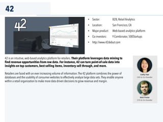 42
42 is an intuitive, web-based analytics platform for retailers. Their platform leverages data mining to
find revenue opportunities from raw data. For instance, 42 can turn point-of-sale data into
insights on top customers, best selling items, inventory sell through, and more.
Retailers are faced with an ever increasing volume of information.The 42 platform combines the power of
databases and the usability of consumer websites to effectively analyze large data sets.They enable anyone
within a retail organization to make more data driven decisions to grow revenue and margin.
•  Sector: B2B, Retail Analytics
•  Location: San Francisco, CA
•  Major product: Web-based analytics platform
•  Co-investors: Y Combinator, 500Startups
•  http://www.42debut.com
 