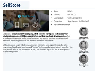SelfScore
SelfScore is a consumer analytics company, which provides scoring and "data as a service"
solutions to supplement FICO scores and inform a wide array of data-driven decisions. Their
technology combines online proﬁles, phone/sensor data, psychometric questions and network-based
feedback to provide insights to users and contextual information to businesses.
SelfScore measures people in better ways using more information which is possible today due to the
convergence of social media, smart phones & "big data" technologies. Get scored to unlock great offers.Your
score primarily relies on the completeness, accuracy, and timeliness of your data and secondarily on our
analysis and algorithms.
•  Sector: FinTech
•  Location: Palo Alto, CA
•  Major product: Credit Scoring System
•  Co-investors: Aspect Ventures,Tim Main (Jabil)
•  http://www.selfscore.com
Kalpesh Kapadia
CEO & CO-Founder
Michael Hallinan
CPO & CO-Founder
Saurav Chatterjee
CTO
 