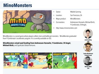 MinoMonsters
Josh Buckley
CEO
Martin Wells
CTO
Sasha Mackinnon
Product Lead
MinoMonsters is a social game where players collect, train and battle pet monsters. MinoMonster graduated
from Y Combinator’s accelerator program. It is currently available on iOS.
MinoMonsters raised seed funding from Andreessen Horowitz, Y Combinator, SV Angel,
Michael Birch, and SparkLabs Global Ventures.
•  Sector: Mobile Gaming
•  Location: San Francisco, CA
•  Major product: MinoMonsters
•  Co-investors: Andreessen Horowitz, Michael Birch,
Y Combinator, SVAngel,
•  http://www.minomonsters.com
 