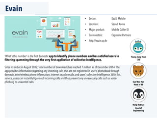 Evain
'What`s this number' is the ﬁrst domestic app to identify phone numbers and has satisfied users in
filtering spamming through the very first application of collective intelligence.
Since its debut in August 2012, total number of downloads has reached 7 million as of December 2014.The
app provides information regarding any incoming calls that are not registered in user's phonebook through
domestic wire/wireless phone information, internet search results and users' collective intelligence.With this
service, users can instantly ﬁgure out incoming calls and thus prevent any unnecessary calls such as voice-
phishing or unwanted calls.
•  Sector: SaaS, Mobile
•  Location: Seoul, Korea
•  Major product: Mobile Caller ID
•  Co-investors: Capstone Partners
•  http://evain.co.kr
Young Jung Youn
CEO
Sun Woo Han
Head of BD
Hang Rok Lee
Head of
Engineering
 