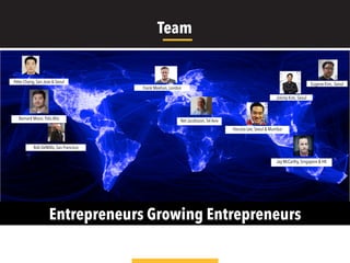Net Jacobsson,Tel Aviv
Frank Meehan, London
Bernard Moon, Palo Alto
HanJoo Lee, Seoul & Mumbai
Jimmy Kim, Seoul
Jay McCarthy, Singapore & HK
Eugene Kim, Seoul
Rob DeMillo, San Francisco
Peter Chang, San Jose & Seoul
Team
Entrepreneurs Growing Entrepreneurs
 