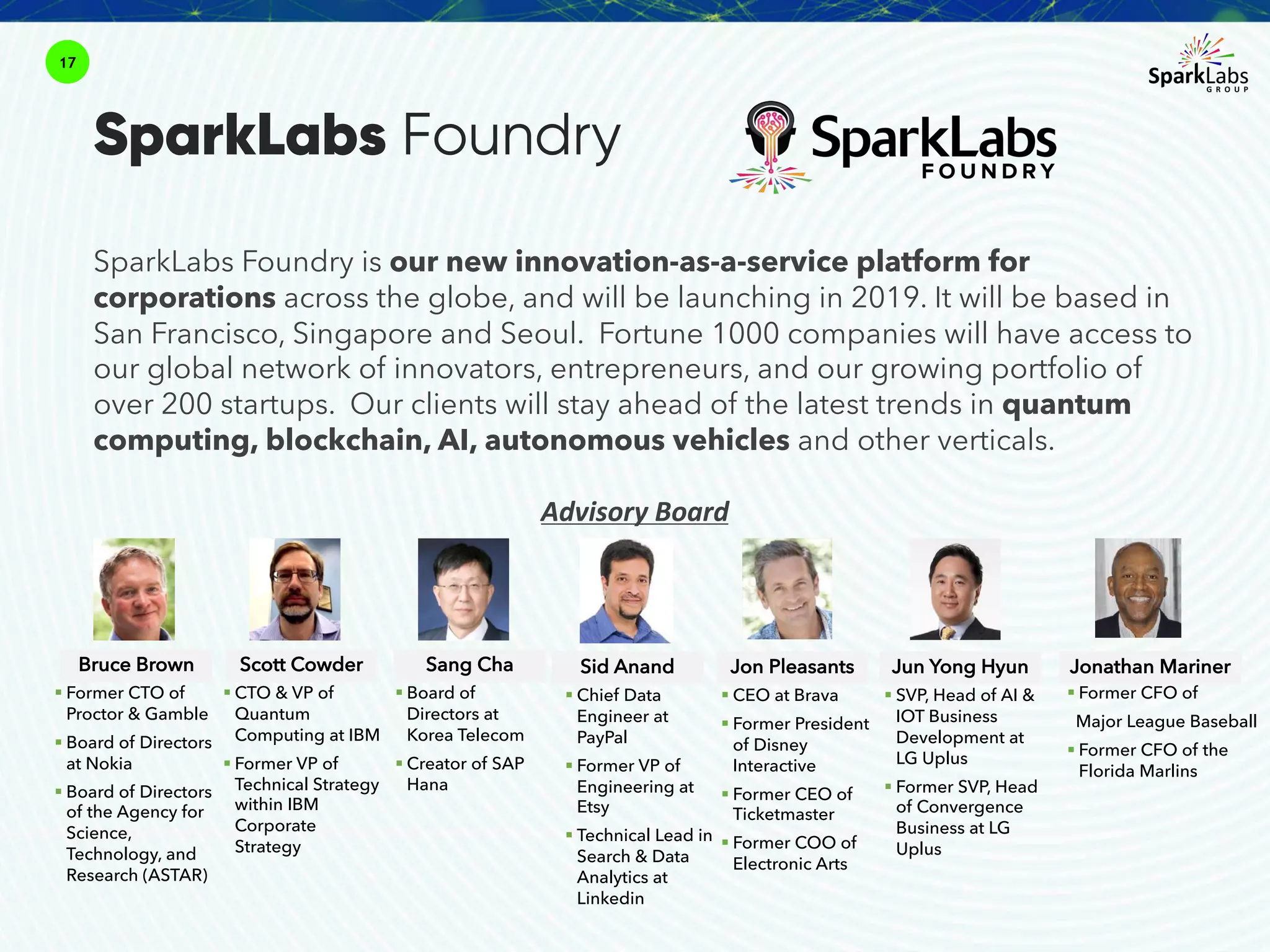 SparkLabs Foundry is our new innovation-as-a-service platform for
corporations across the globe, and will be launching in 2019. It will be based in
San Francisco, Singapore and Seoul. Fortune 1000 companies will have access to
our global network of innovators, entrepreneurs, and our growing portfolio of
over 200 startups. Our clients will stay ahead of the latest trends in quantum
computing, blockchain, AI, autonomous vehicles and other verticals.
17
SparkLabs Foundry
Sid Anand
! Chief Data
Engineer at
PayPal
! Former VP of
Engineering at
Etsy
! Technical Lead in
Search & Data
Analytics at
Linkedin
Jon Pleasants
! CEO at Brava
! Former President
of Disney
Interactive
! Former CEO of
Ticketmaster
! Former COO of
Electronic Arts
Jun Yong Hyun
! SVP, Head of AI &
IOT Business
Development at
LG Uplus
! Former SVP, Head
of Convergence
Business at LG
Uplus
Jonathan Mariner
! Former CFO of
Major League Baseball
! Former CFO of the
Florida Marlins
Bruce Brown
! Former CTO of
Proctor & Gamble
! Board of Directors
at Nokia
! Board of Directors
of the Agency for
Science,
Technology, and
Research (ASTAR)
Scott Cowder
! CTO & VP of
Quantum
Computing at IBM
! Former VP of
Technical Strategy
within IBM
Corporate
Strategy
Sang Cha
! Board of
Directors at
Korea Telecom
! Creator of SAP
Hana
Advisory)Board
 