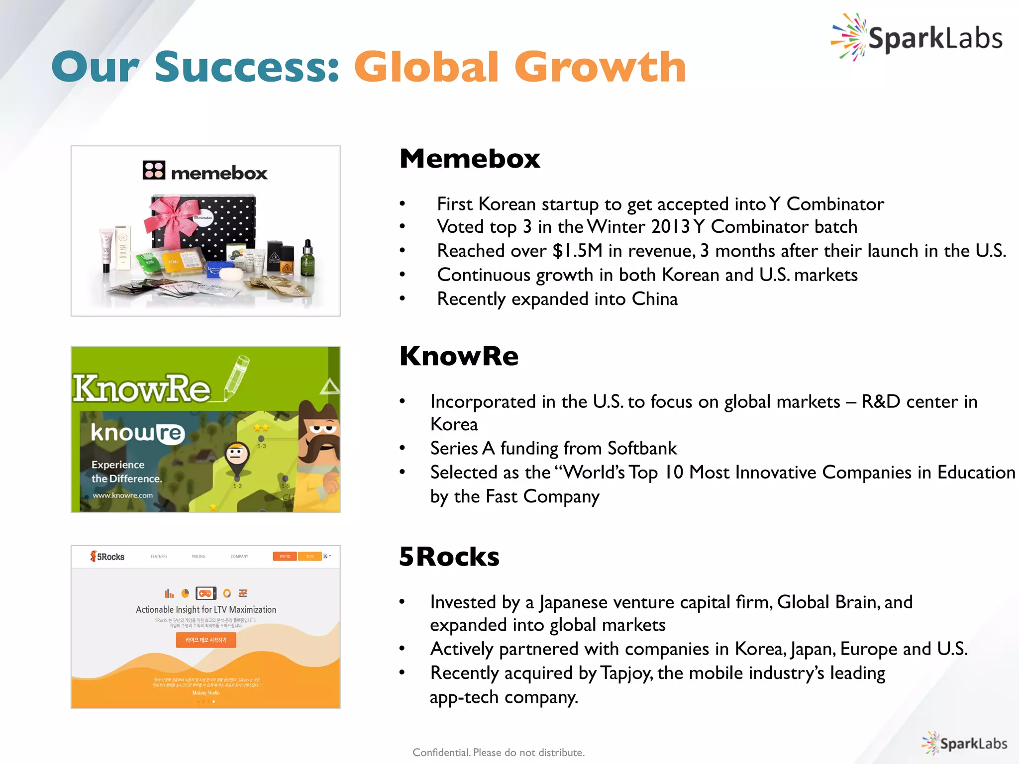 Memebox	

	

•  First Korean startup to get accepted intoY Combinator	

•  Voted top 3 in the Winter 2013Y Combinator batch 	

•  Reached over $1.5M in revenue, 3 months after their launch in the U.S.	

•  Continuous growth in both Korean and U.S. markets	

•  Recently expanded into China	

KnowRe	

	

•  Incorporated in the U.S. to focus on global markets – RD center in 	

	

Korea	

•  Series A funding from Softbank	

•  Selected as the “World’s Top 10 Most Innovative Companies in Education
	

by the Fast Company	

	

5Rocks	

•  Invested by a Japanese venture capital ﬁrm, Global Brain, and 	

	

expanded into global markets	

•  Actively partnered with companies in Korea, Japan, Europe and U.S.	

•  Recently acquired by Tapjoy, the mobile industry’s leading 	

	

app-tech company.	

	

Conﬁdential. Please do not distribute.	

Our Success: Global Growth
 