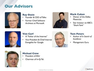 Ray Ozzie	

•  Founder & CEO of Talko	

•  Former Chief Software	

	

Architect at Microsoft
Conﬁdential. Please do not distribute.	

Our Advisors
Vint Cerf	

•  A “Father of the Internet”	

•  Vice President & Chief Internet 	

	

Evangelist for Google
Michael Crow	

•  President of ASU	

•  Chairman of In-Q-Tel
Mark Cuban	

•  Owner of the Dallas 	

	

Mavericks	

•  Star Investor on ABC’s	

	

“Shark Tank”
Tom Peters	

•  Author of In Search of	

	

Excellence	

•  Management Guru
 