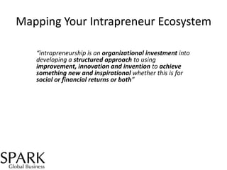Mapping Your Intrapreneur Ecosystem
“intrapreneurship is an organizational investment into
developing a structured approach to using
improvement, innovation and invention to achieve
something new and inspirational whether this is for
social or financial returns or both”

 