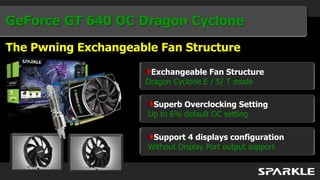 GeForce GT 640 OC Dragon Cyclone
The Pwning Exchangeable Fan Structure

                       Exchangeable Fan Structure
                      Dragon Cyclone E / S/ T mode

                       Superb Overclocking Setting
                      Up to 6% default OC setting

                       Support 4 displays configuration
                      Without Display Port output support
 