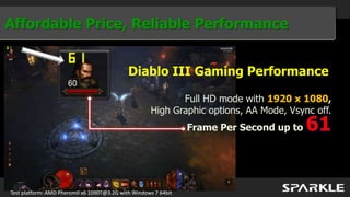 Affordable Price, Reliable Performance


                                             Diablo III Gaming Performance

                                                            Full HD mode with 1920 x 1080,
                                                     High Graphic options, AA Mode, Vsync off.
                                                                 Frame Per Second up to   61


Test platform: AMD PheromII x6 1090T@3.2G with Windows 7 64bit
 