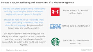 23
Purpose is not just positioning with a new name; it’s a whole new approach
Adapted from Grow by Jim Stengel
We find tha...