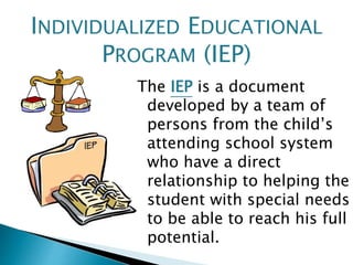 The IEP is a document
developed by a team of
persons from the child’s
attending school system
who have a direct
relationship to helping the
student with special needs
to be able to reach his full
potential.
INDIVIDUALIZED EDUCATIONAL
PROGRAM (IEP)
 