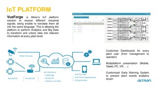 IoT PLATFORM
VueForge is Altran’s IoT platform
solution to receive different industrial
signals, being enable to translate them all
into the same language. This is allowing the
platform to perform Analytics and Big Data
to transform and unlock data into relevant
information at every plant level.
Customize Dashboards for every
plant user (from management to
operator)
Multiplatform presentation (Mobile,
Tablet, PC, VR, …)
Customized Early Warning System
to prevent plant events analytics
driven
 