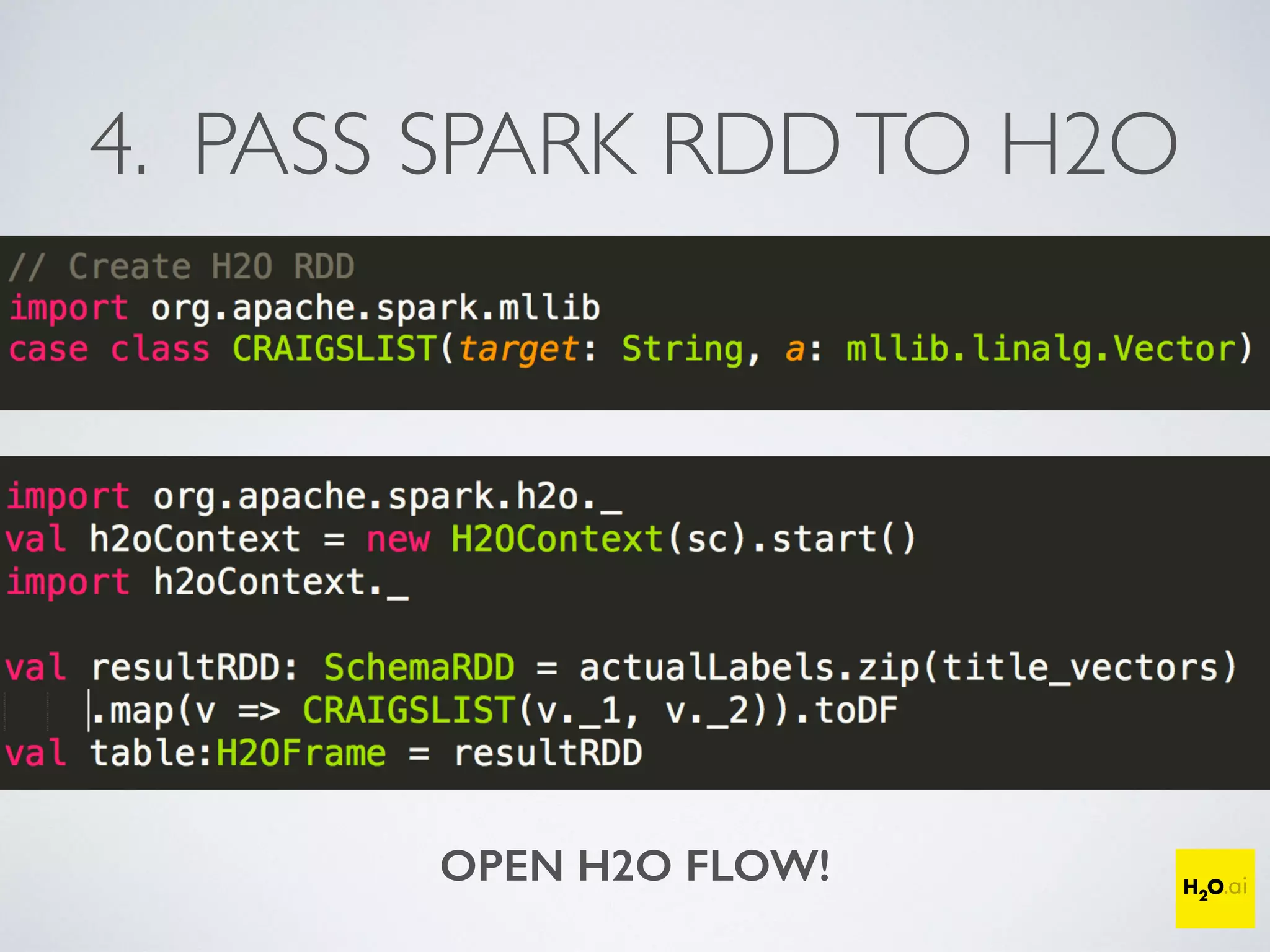 4. PASS SPARK RDDTO H2O
OPEN H2O FLOW!
 
