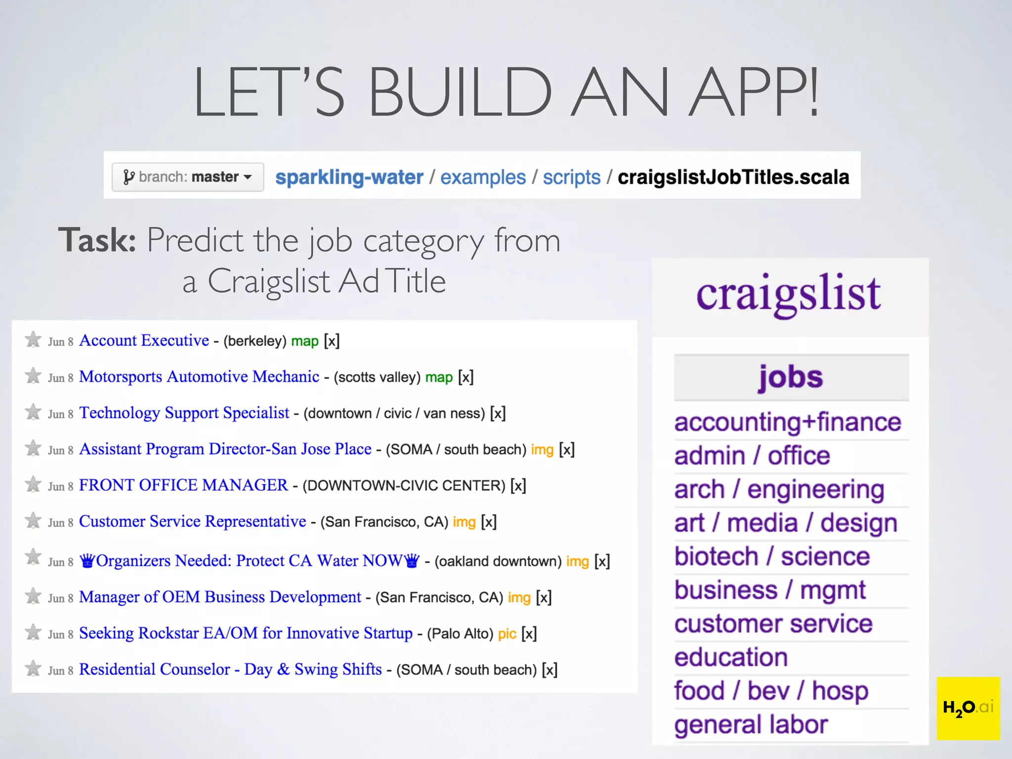 LET’S BUILD AN APP!
Task: Predict the job category from
a Craigslist AdTitle
 