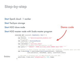 Step-by-step
Start Spark cloud - 1 worker
Start Tachyon storage
Start H2O slave node
Start H2O master node with Scala master program
	
	
override def run(conf: DemoConf): Unit = {!
// Dataset!
val dataset = "data/allyears2k_headers.csv"!
// Row parser!
val rowParser = AirlinesParser!
// Table name for SQL!
val tableName = "airlines_table"!
// Select all flights with destination == SFO!
val query = """SELECT * FROM airlines_table WHERE dest="SFO" """!
 !
// Connect to shark cluster and make a query over prostate, transfer data into H2O!
val frame:Frame = executeSpark[Airlines](dataset, rowParser, !
! ! ! conf.extractor, tableName, query, local=conf.local)!
 !
// Now make a blocking call of GBM directly via Java API!
gbm(frame, frame.vec("isDepDelayed"), 100, true)!
}
Demo code
 