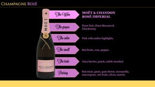 Champagne Rosé
The Wine MOËT & CHANDON
ROSÉ IMPERIAL
The grapes Pinot Noir, Pinot Meunier &
Chardonnay
The color Pink with amber highlights.
The smell Red fruits, rose, pepper.
The taste Juicy berries, peach, subtle menthol.
Pairing Red meat, game, goat cheese, mozzarella,
mascarpone, red fruits, olives, morels.
 