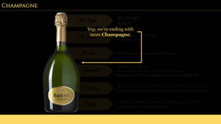 Champagne
The Wine RUINART
BRUT
The grapes Chardonnay, Pinot Noir,
Pinot Meunier.
The color Shimmering yellow and golden hues.
The smell
Delicate and fruity
(white pear, dry fruits, white flower notes)
Second nose: Viennese pastry and buttery brioche
The taste Balanced, rounded and full-bodied with ripe fruit scents.
Long finish with characteristic freshness of Chardonnay
Pairing Aperitif, starters like oysters & scallops, mains like
sole meuniere. Creamy cheeses.
Yep, we’re ending with
more Champagne.
 