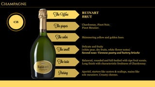 Champagne
The Wine RUINART
BRUT
The grapes Chardonnay, Pinot Noir,
Pinot Meunier.
The color Shimmering yellow and golden hues.
The smell
Delicate and fruity
(white pear, dry fruits, white flower notes)
Second nose: Viennese pastry and buttery brioche
The taste Balanced, rounded and full-bodied with ripe fruit scents.
Long finish with characteristic freshness of Chardonnay
Pairing Aperitif, starters like oysters & scallops, mains like
sole meuniere. Creamy cheeses.
€38
 