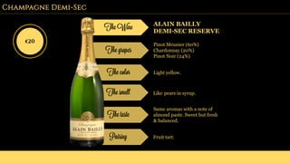 Champagne Demi-Sec
The Wine ALAIN BAILLY
DEMI-SEC RESERVE
The grapes
Pinot Meunier (60%)
Chardonnay (20%)
Pinot Noir (24%)
The color Light yellow.
The smell Like pears in syrup.
The taste
Same aromas with a note of
almond paste. Sweet but fresh
& balanced.
Pairing Fruit tart.
€20
 