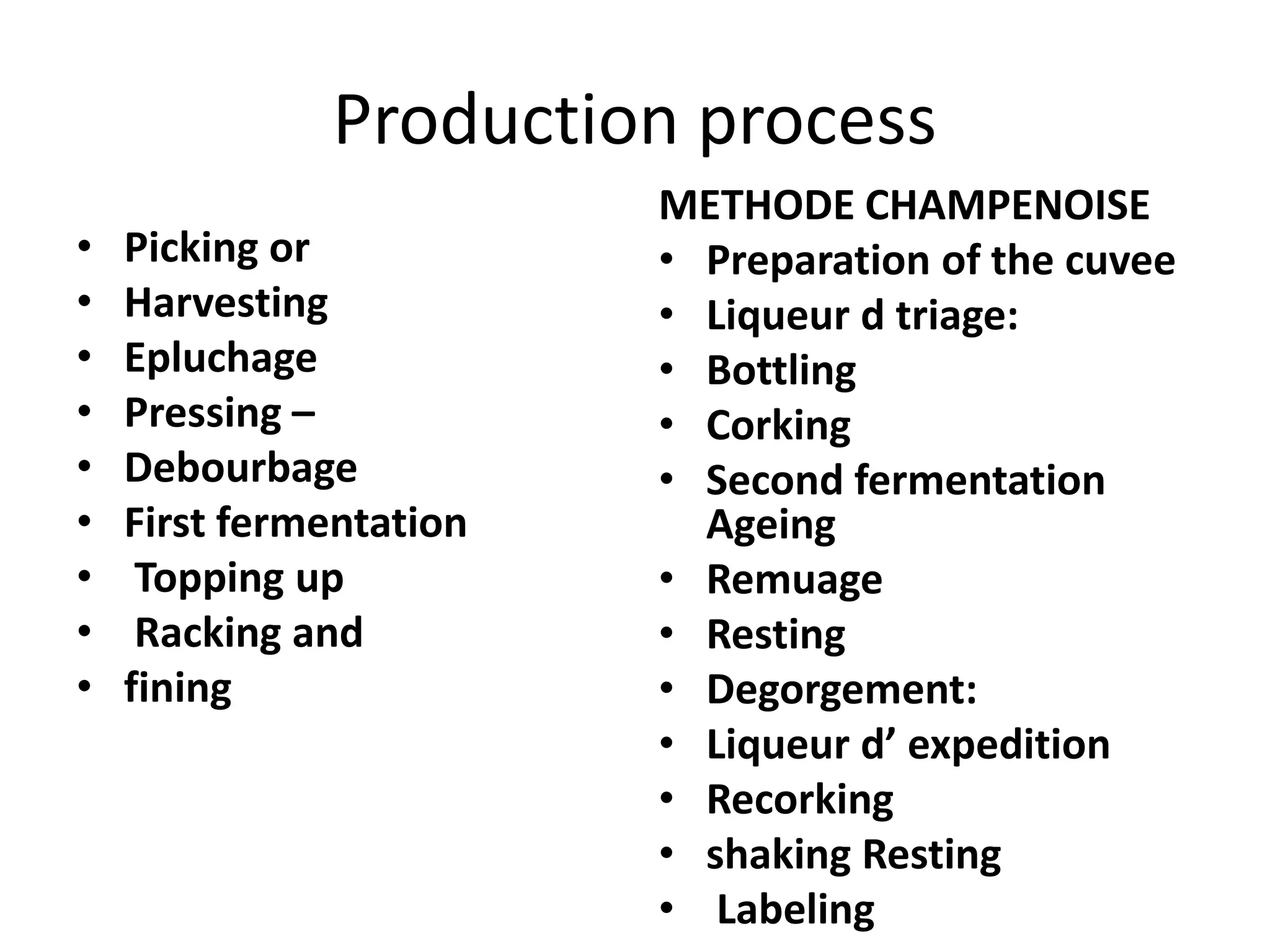 Production process
• Picking or
• Harvesting
• Epluchage
• Pressing –
• Debourbage
• First fermentation
• Topping up
• Racking and
• fining
METHODE CHAMPENOISE
• Preparation of the cuvee
• Liqueur d triage:
• Bottling
• Corking
• Second fermentation
Ageing
• Remuage
• Resting
• Degorgement:
• Liqueur d’ expedition
• Recorking
• shaking Resting
• Labeling
 