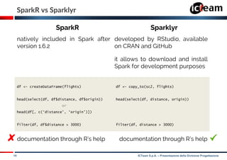 19 ICTeam S.p.A. – Presentazione della Divisione Progettazione
SparkR vs Sparklyr
natively included in Spark after
version 1.6.2
developed by RStudio, available
on CRAN and GitHub
it allows to download and install
Spark for development purposes
df <- createDataFrame(flights)
head(select(df, df$distance, df$origin))
or
head(df[, c(‘distance', ‘origin')])
filter(df, df$distance > 3000)
df <- copy_to(sc2, flights)
head(select(df, distance, origin))
filter(df, distance > 3000)
documentation through R’s help documentation through R’s help
SparkR Sparklyr
 
