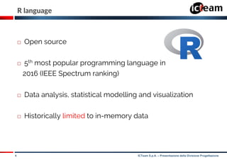 4 ICTeam S.p.A. – Presentazione della Divisione Progettazione
R language
 Open source
 5th most popular programming language in
2016 (IEEE Spectrum ranking)
 Data analysis, statistical modelling and visualization
 Historically limited to in-memory data
 