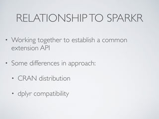 RELATIONSHIPTO SPARKR
• Working together to establish a common
extension API
• Some differences in approach:
• CRAN distribution
• dplyr compatibility
 