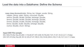 © 2017 MapR Technologies
Load the data into a Dataframe: Define the Schema
case class Account(state: String, len: Integer, acode: String,
intlplan: String, vplan: String, numvmail: Double,
tdmins: Double, tdcalls: Double, tdcharge: Double,
temins: Double, tecalls: Double, techarge: Double,
tnmins: Double, tncalls: Double, tncharge: Double,
timins: Double, ticalls: Double, ticharge: Double,
numcs: Double, churn: String)
Input CSV File sample:
KS,128,415,No,Yes,25,265.1,110,45.07,197.4,99,16.78,244.7,91,11.01,10.0,3,2.7,1,False
OH,107,415,No,Yes,26,161.6,123,27.47,195.5,103,16.62,254.4,103,11.45,13.7,3,3.7,1,False
 