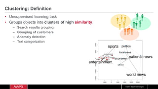 © 2017 MapR Technologies
Clustering: Definition
•  Unsupervised learning task
•  Groups objects into clusters of high similarity
–  Search results grouping
–  Grouping of customers
–  Anomaly detection
–  Text categorization
 