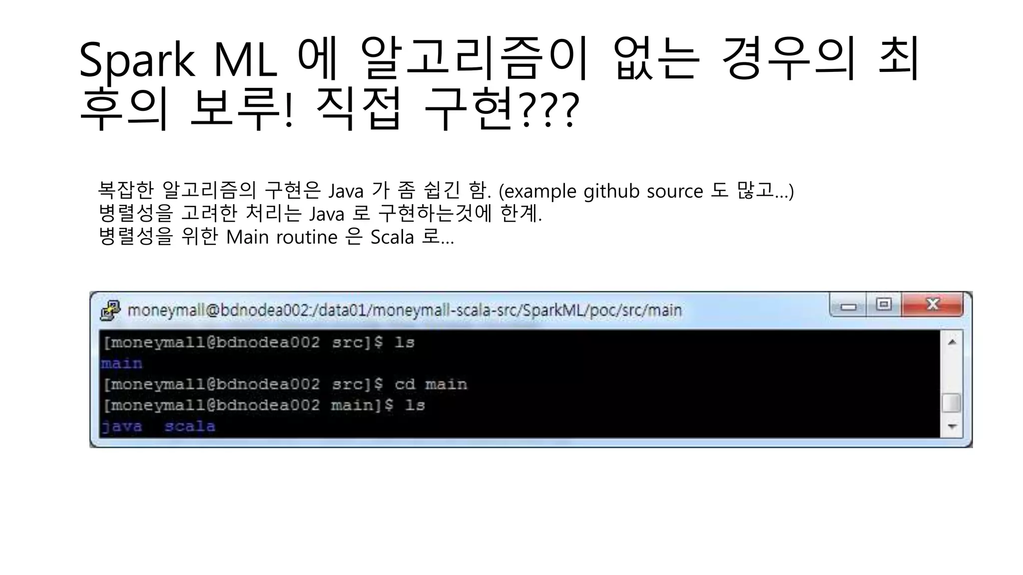 Spark ML 에 알고리즘이 없는 경우의 최
후의 보루! 직접 구현???
복잡한 알고리즘의 구현은 Java 가 좀 쉽긴 함. (example github source 도 많고…)
병렬성을 고려한 처리는 Java 로 구현하는것에 한계.
병렬성을 위한 Main routine 은 Scala 로…
 