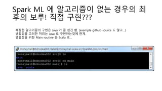 Spark ML 에 알고리즘이 없는 경우의 최
후의 보루! 직접 구현???
복잡한 알고리즘의 구현은 Java 가 좀 쉽긴 함. (example github source 도 많고…)
병렬성을 고려한 처리는 Java 로 구현하는것에 한계.
병렬성을 위한 Main routine 은 Scala 로…
 